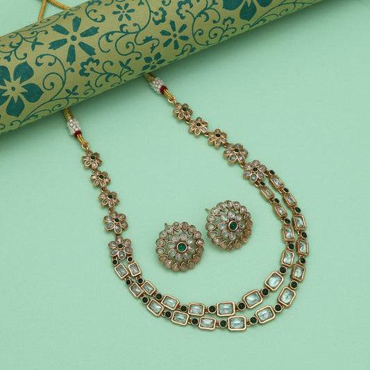 Green Color Vibrant Matte Gold Rajwadi Temple Necklace Set