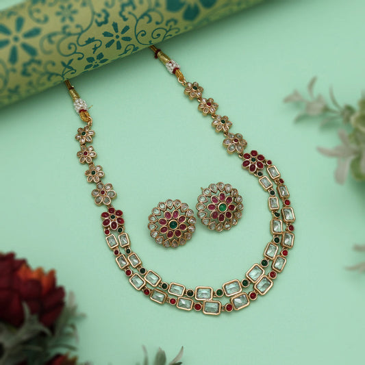 Rani & Green Color Classic Matte Gold Rajwadi Temple Necklace Set