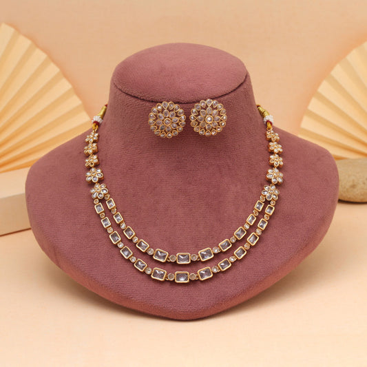 White Color Premium Matte Gold Rajwadi Temple Necklace Set