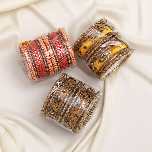 Assorted Color 3 Set Of Bangles Combo Size (1 Set Of 2.8, 1 Set Of 2.10, 1 Set Of 2.12)