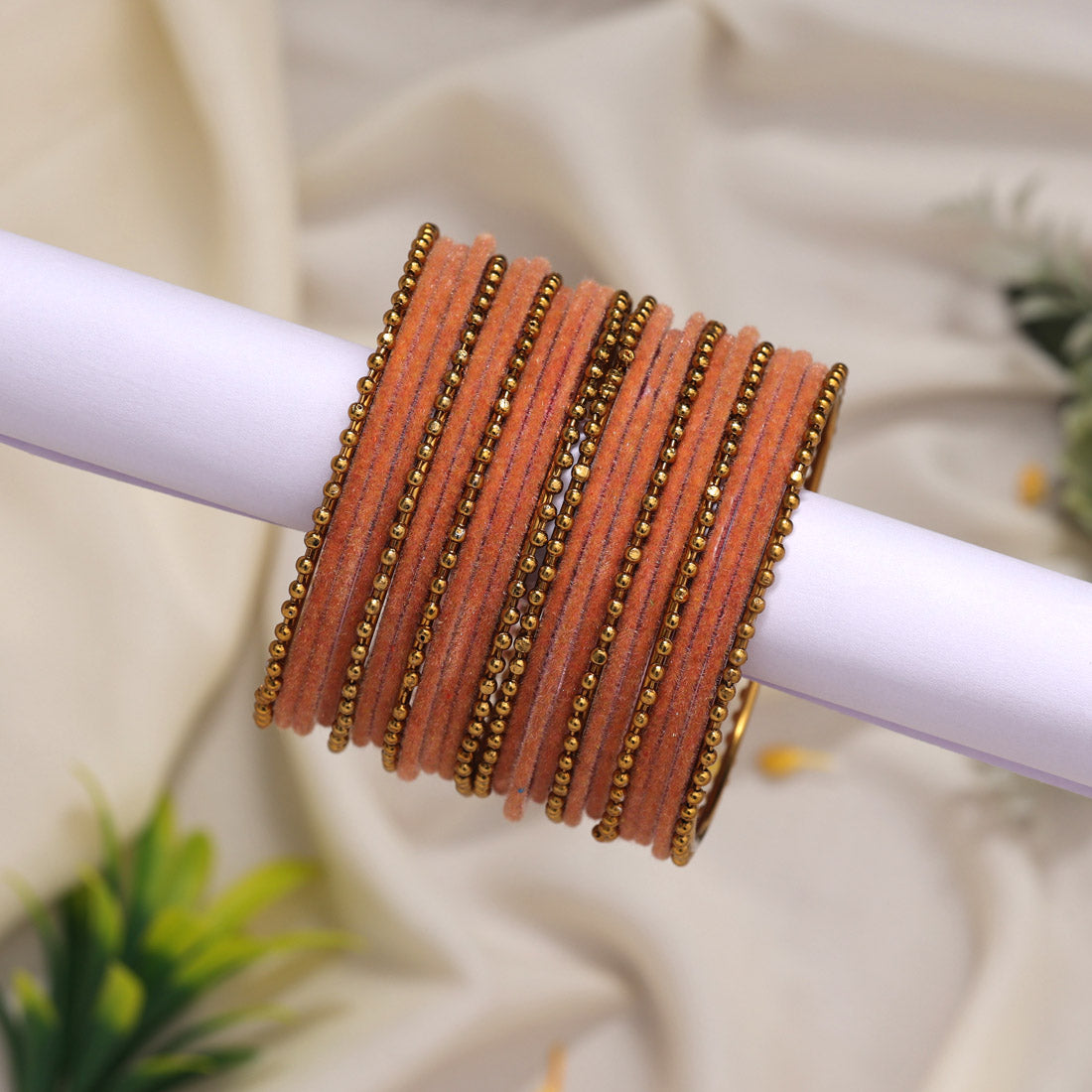 Dark Peach Color Velvet Work Bangle Set: 2.6 (TRB177DPCH-2.6)