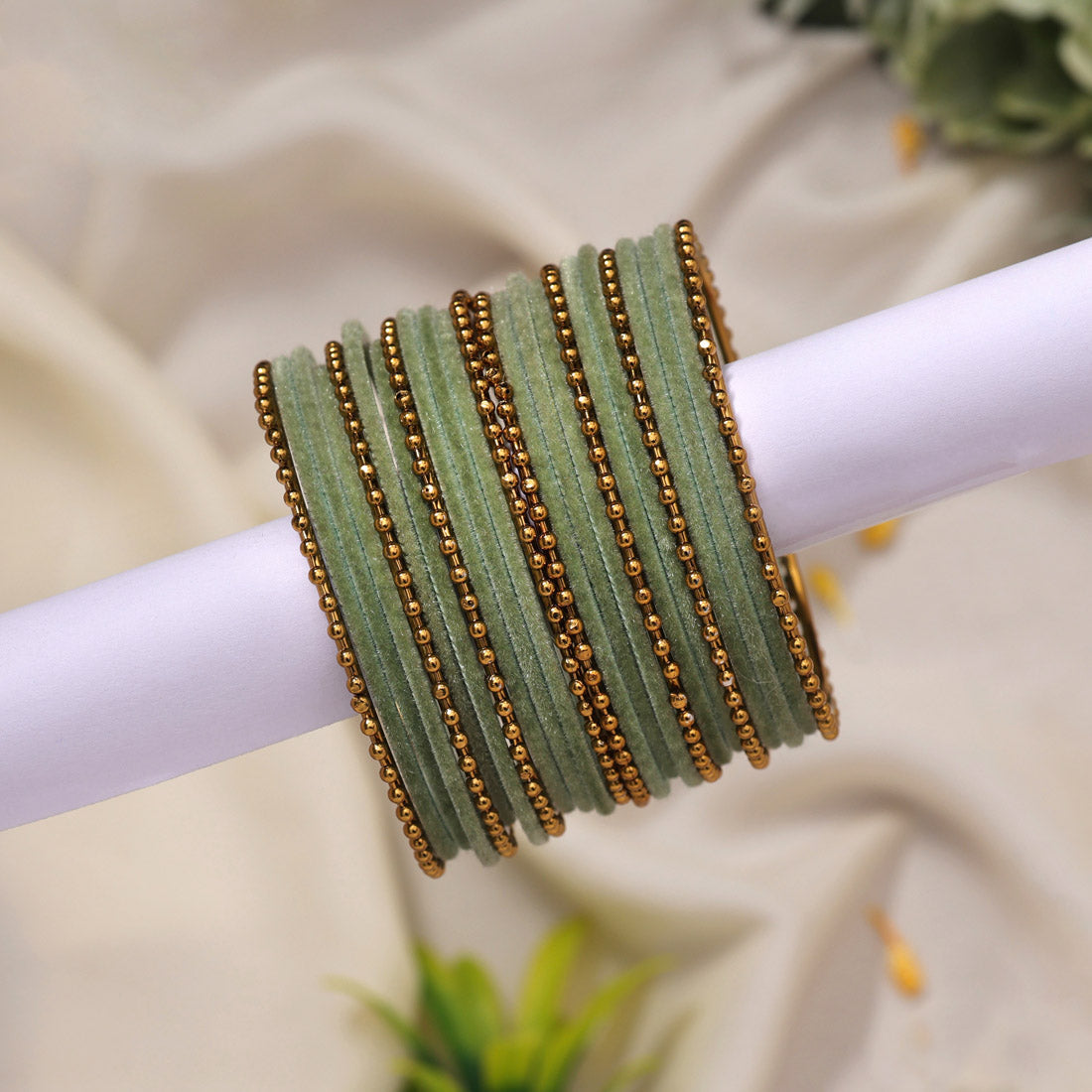 Pista Green Color Velvet Work Bangle Set: 2.8 (TRB177PGRN-2.8)