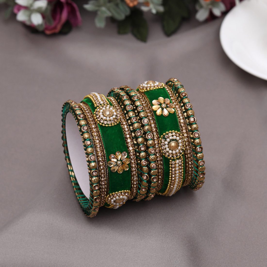 Green Color Velvet Thread Bangle Set: 2.12 (TRB185DGRN-2.12)