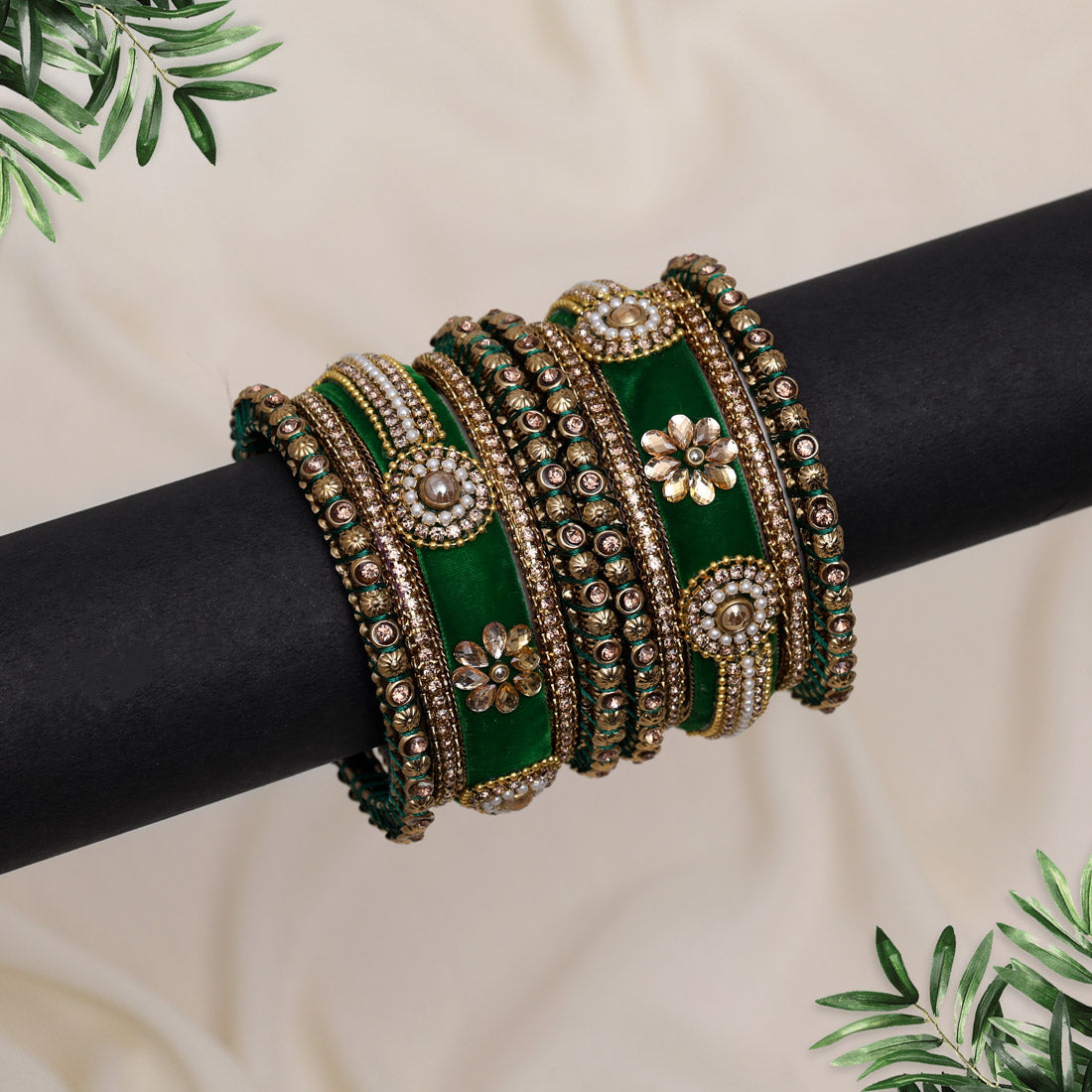Green Color Velvet Thread Bangle Set: 2.12 (TRB185DGRN-2.12)