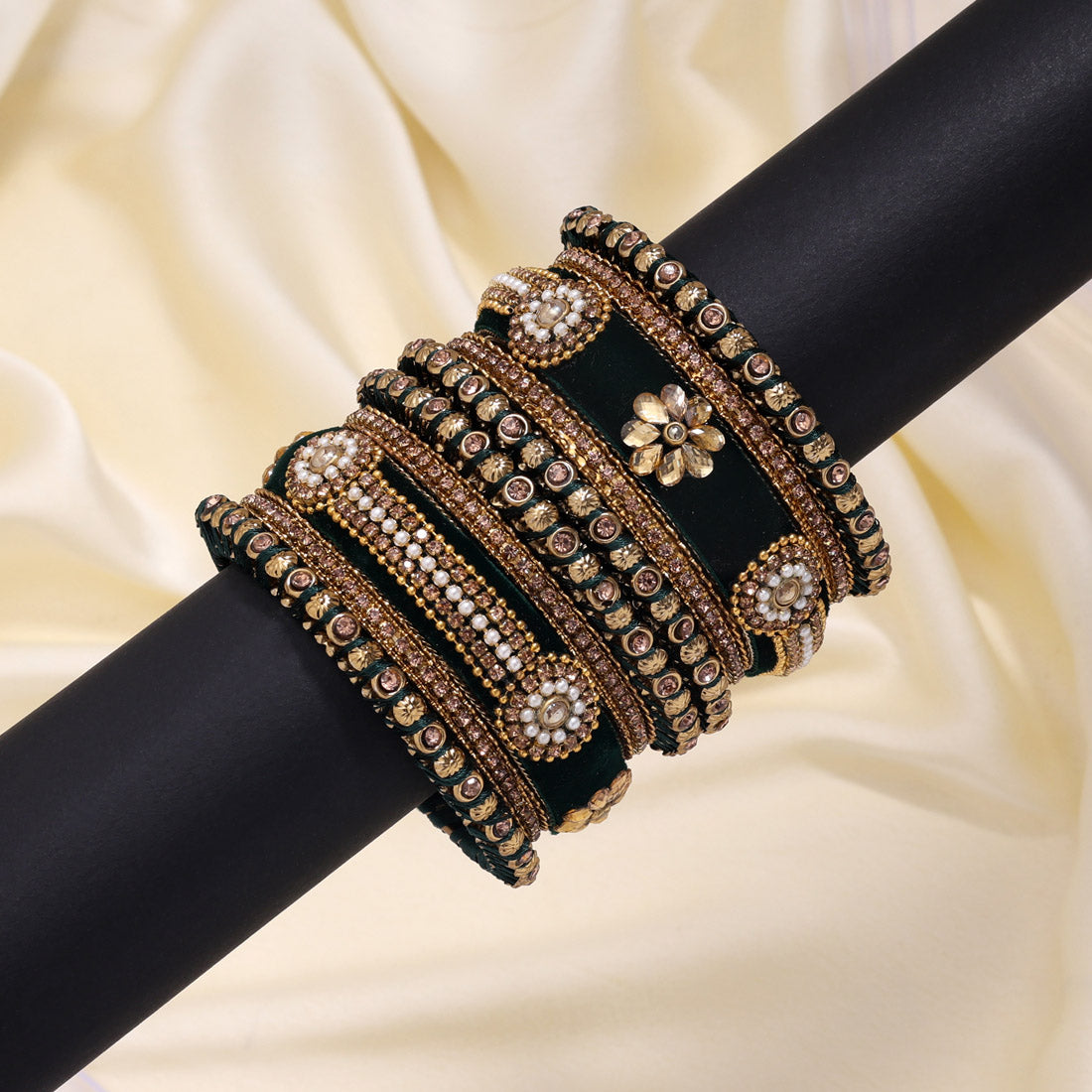 Green Color Velvet Thread Bangle Set: 2.6 (TRB185GRN-2.6)