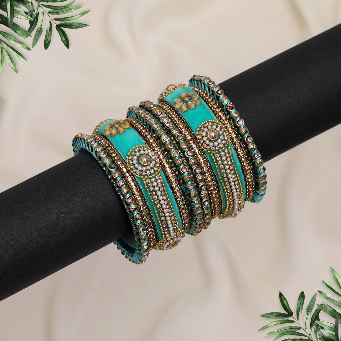 Light Green Color Velvet Thread Bangle Set: 2.10 (TRB185LGRN-2.10)
