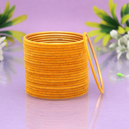 Mustard Yellow Color Velvet Work Bangle Set: 2.4