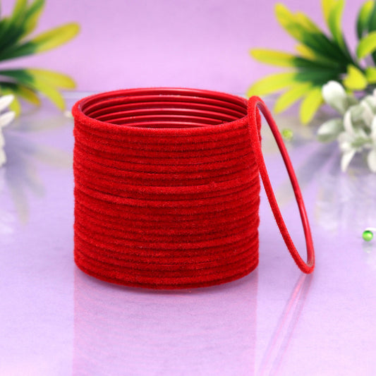 Red Color Velvet Work Bangle Set: 2.4