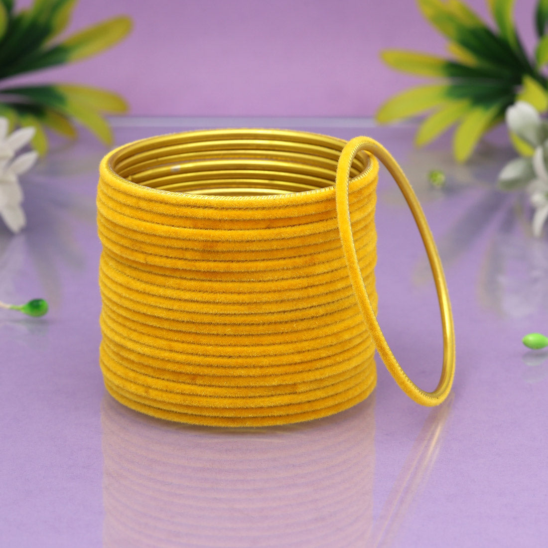 Yellow Color Velvet Work Bangle Set: 2.4