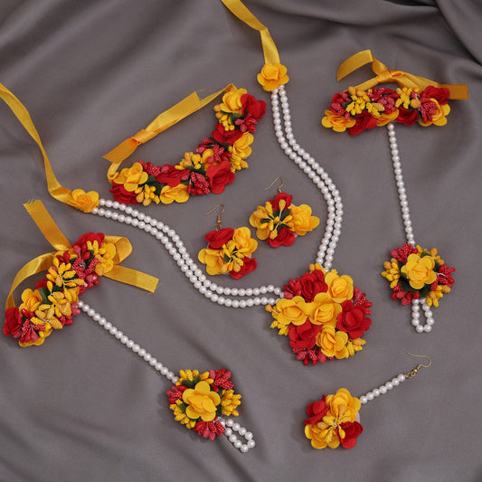 Red & Yellow Color Synthetic Rose Floral Bridal Set (TRN1778REDYLW)