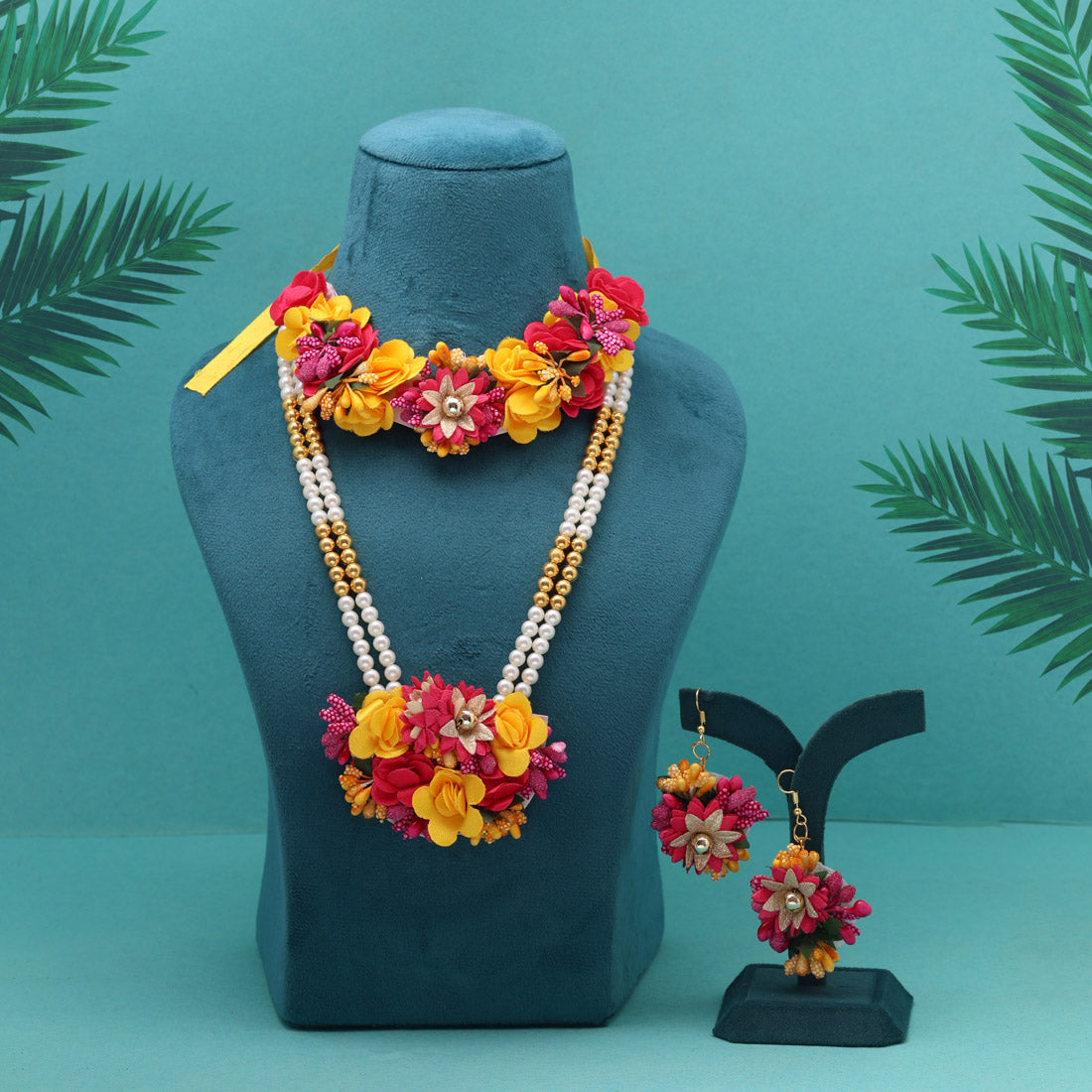 Rani & Yellow Color Synthetic Rose Floral Bridal Set (TRN1779RNIYLW)