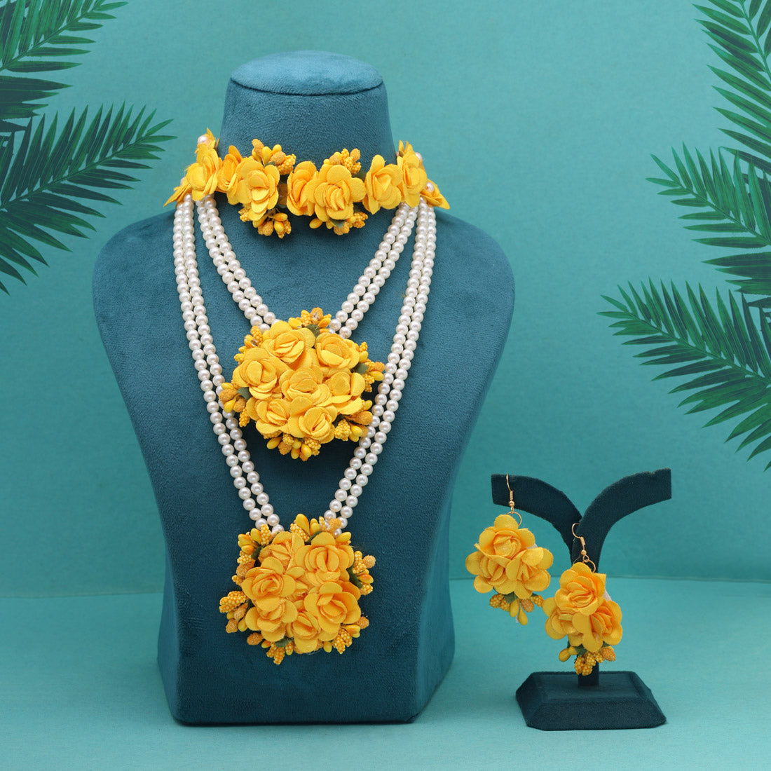 Yellow Color Synthetic Rose Floral Bridal Set (TRN1781YLW)