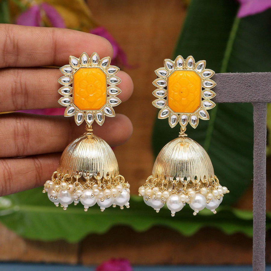 Ethnic Gold-Plated Lotus Style Yellow Jhumka Earrings With White Pearl