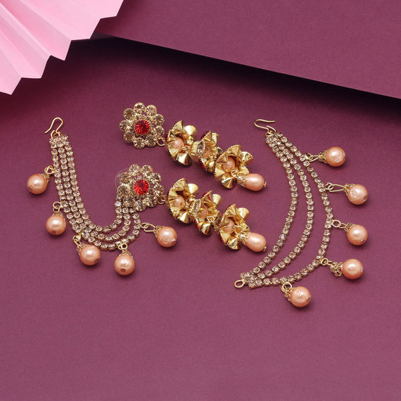 Women's Classic Floral Bahubali Gold Plated Heavy Stone Long Chain Jhumki/ Earrings (ER-173… | Bridal gold jewellery designs, Girls earrings, Indian  jewelry earrings