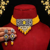 Yellow Color Black Silver Brass American Diamond Choker Necklace Set (CZN573YLW)