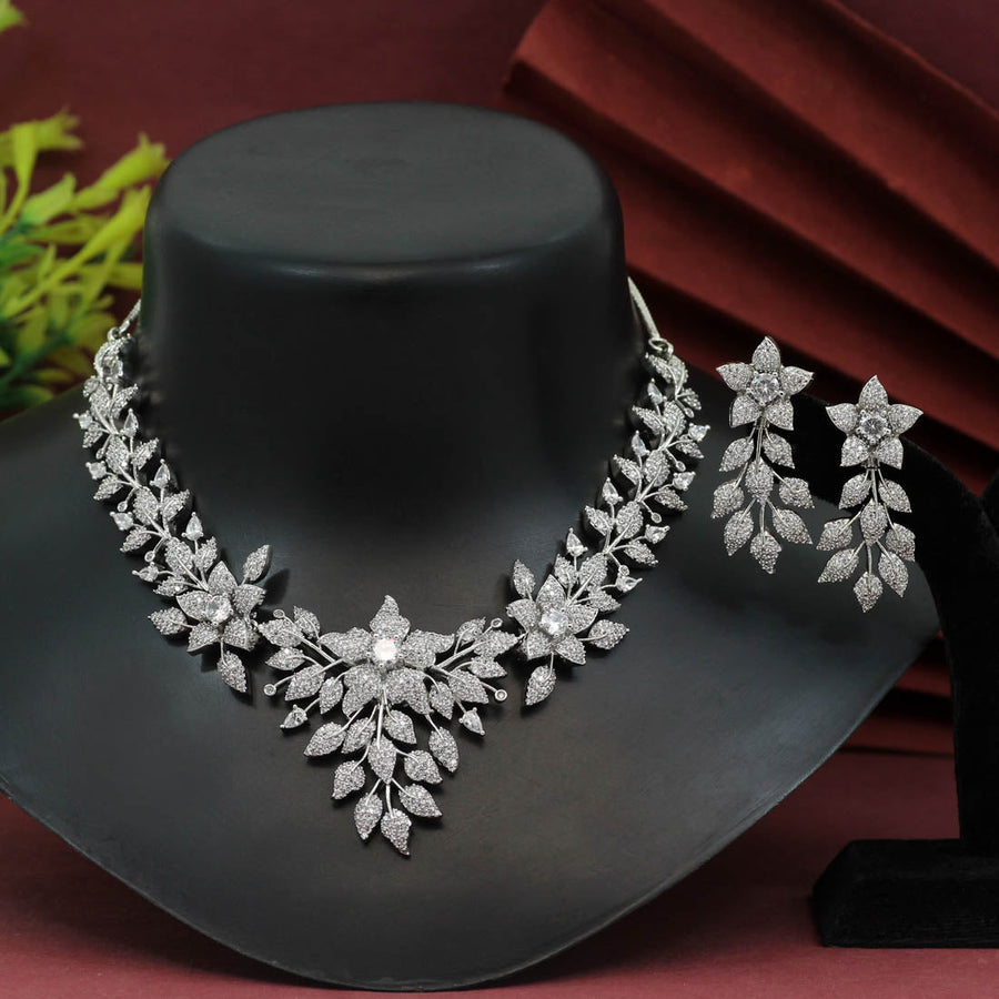 American Diamond Silver Wedding Necklace Earring set