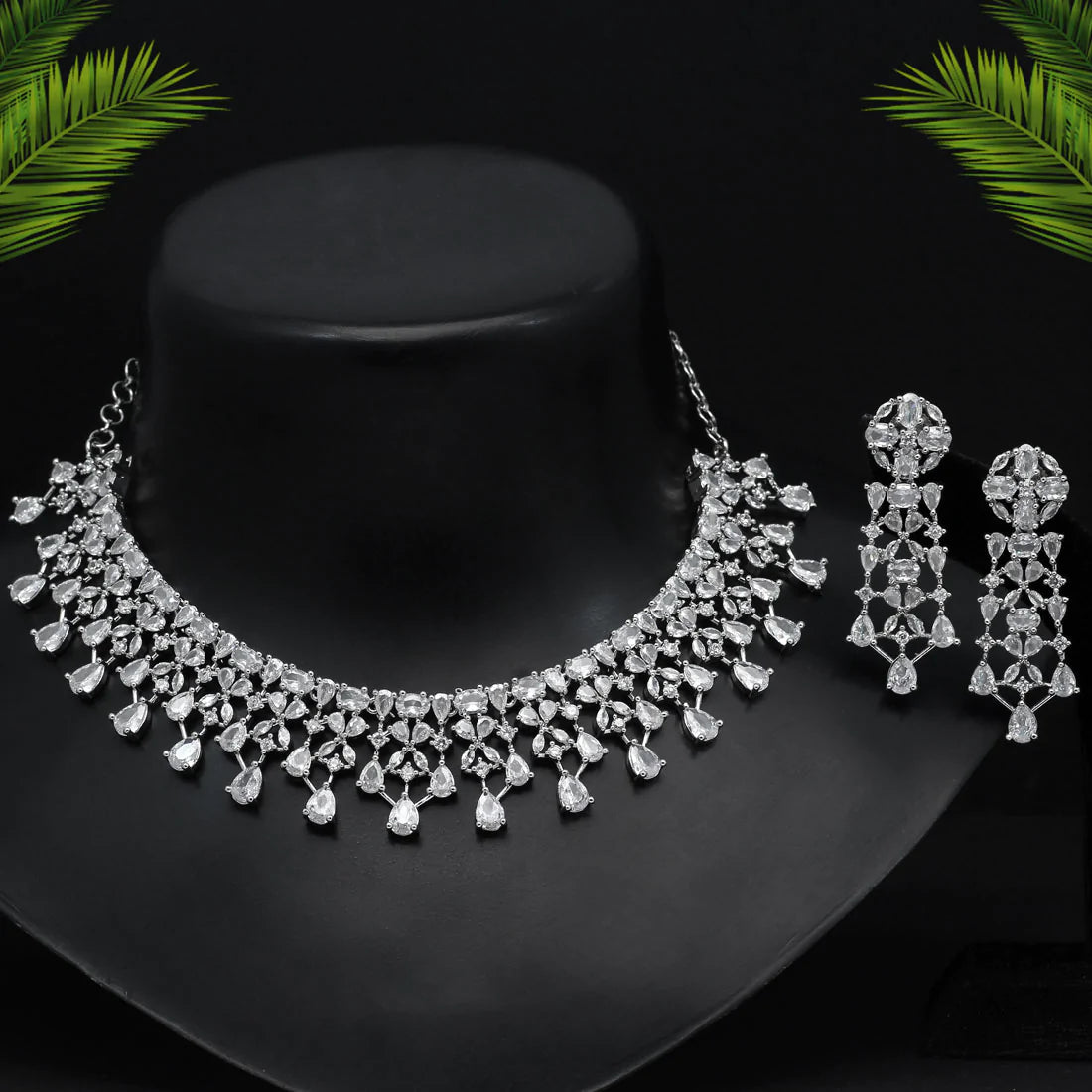 Silver Color Premium American Diamond Necklace Set (CZN593SLV)