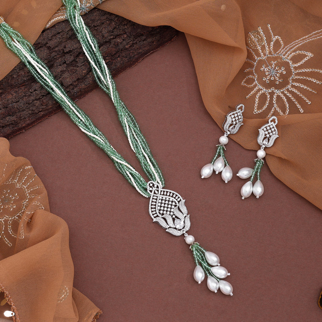 Pista Green Color American Diamond Necklace Set (CZN893PGRN)