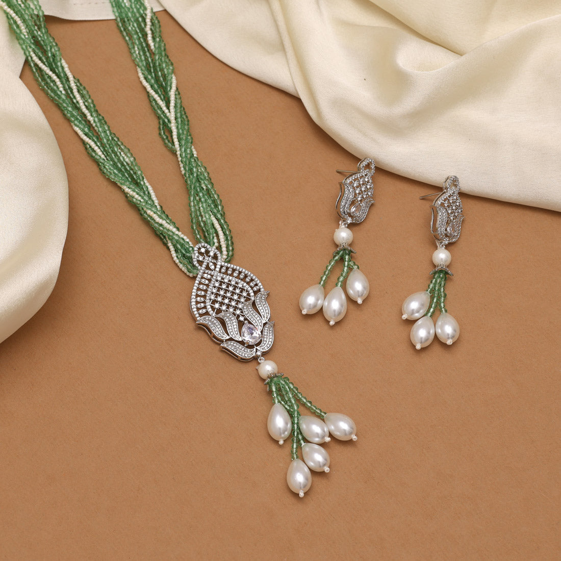 Pista Green Color American Diamond Necklace Set (CZN893PGRN)