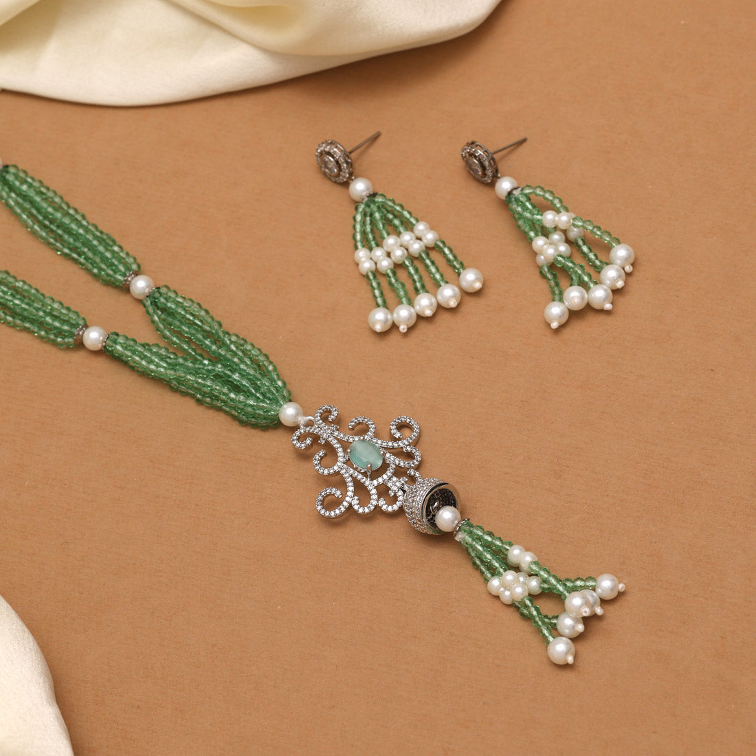 Pista Green Color American Diamond Necklace Set (CZN895PGRN)
