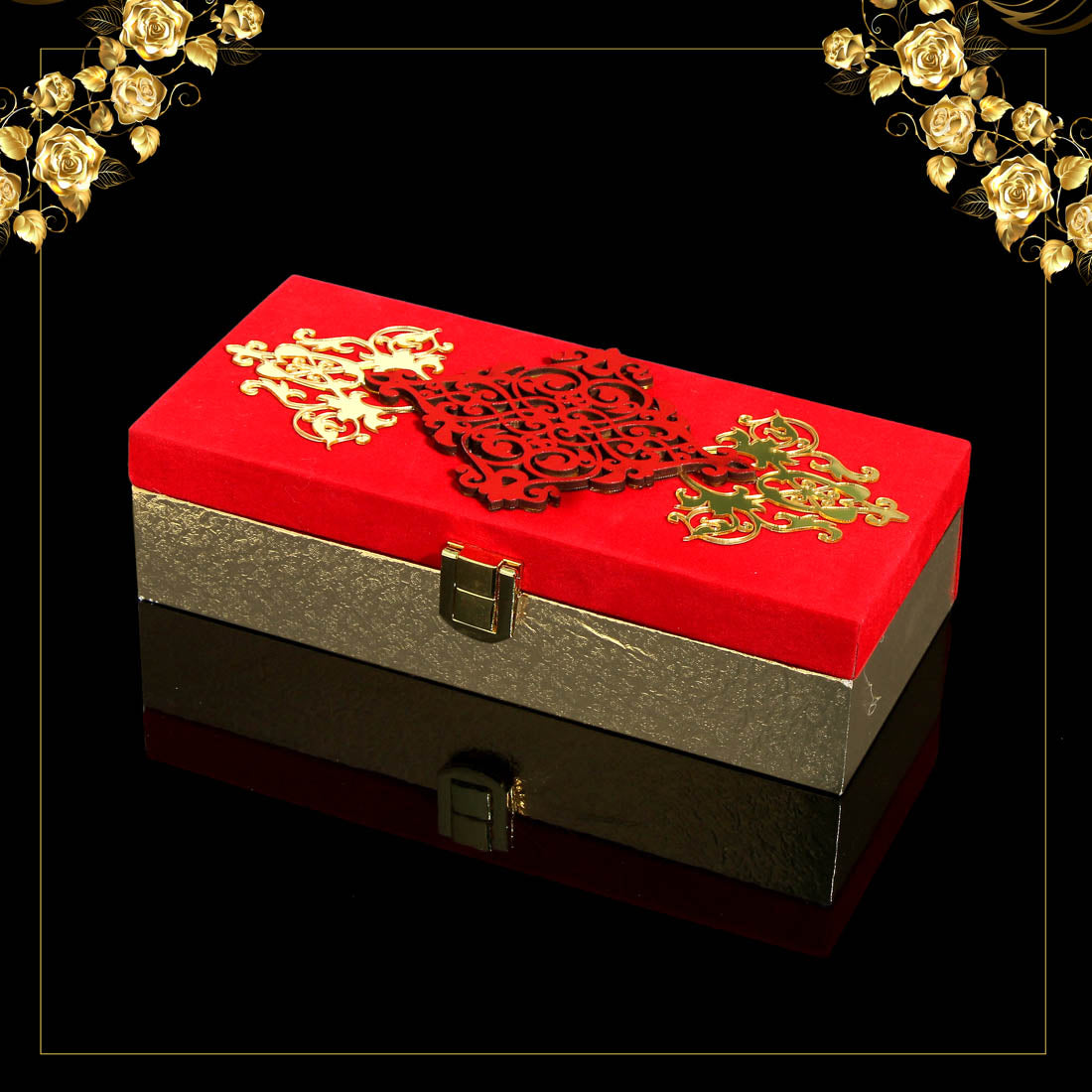 Red & Gold Color Designer Cash/Shagun Box (Red Velvet With Gold Acrylic Design) For Wedding, Engagement, Gift Money Box (ENV101REDGLD)