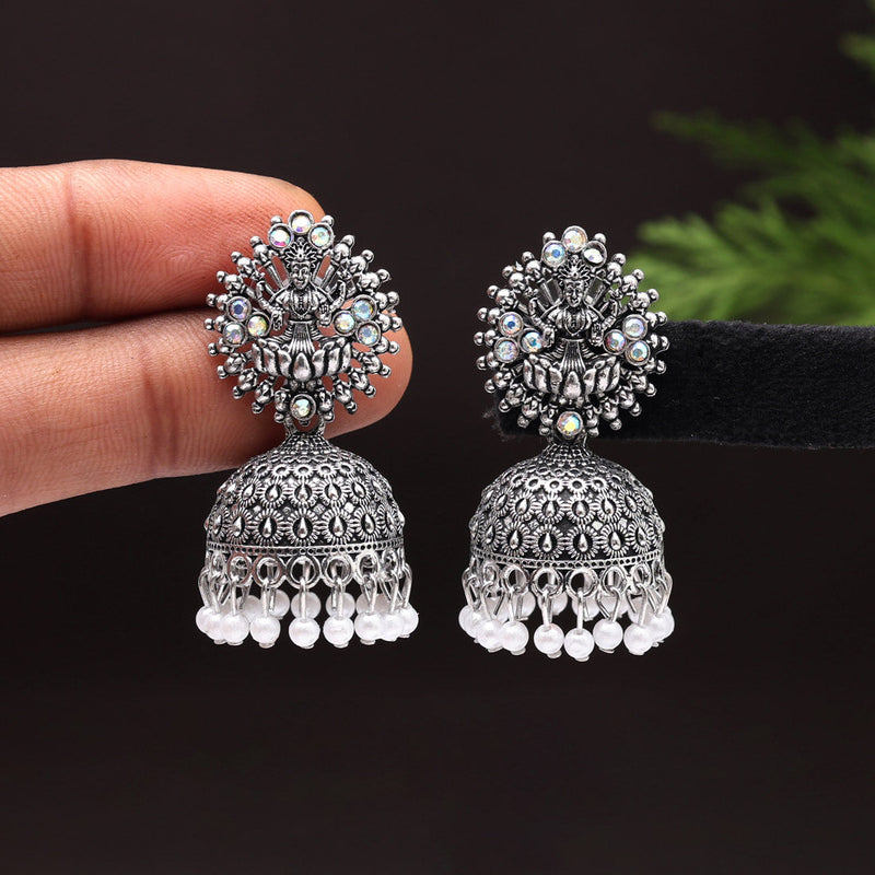 Silver Color Goddess Laxmi Temple Oxidised Earrings (GSE2808SLV)