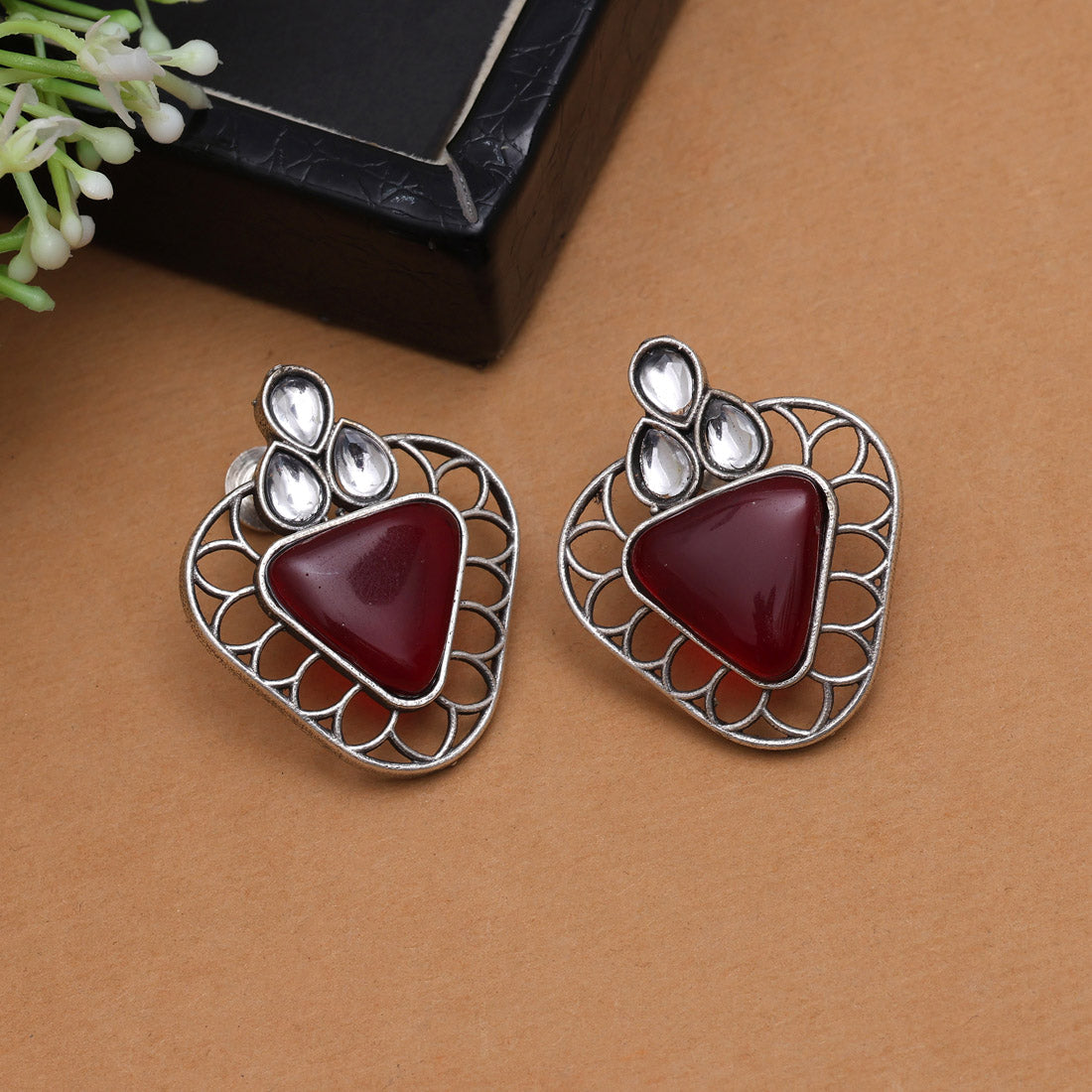 Maroon Color Monalisa Stone Oxidised Earrings (GSE2829MRN)