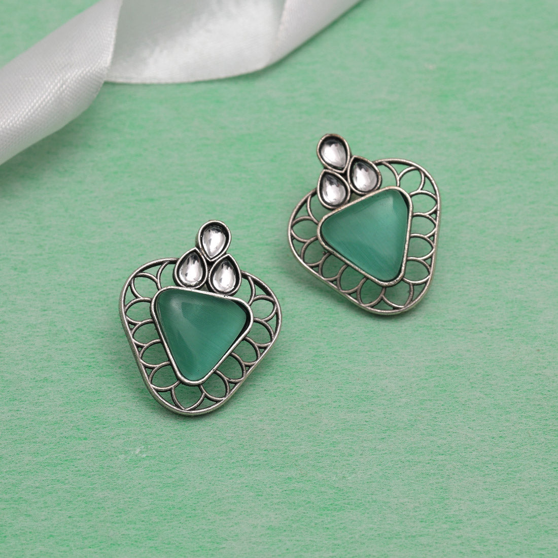 Pista Green Color Monalisa Stone Oxidised Earrings (GSE2829PGRN)