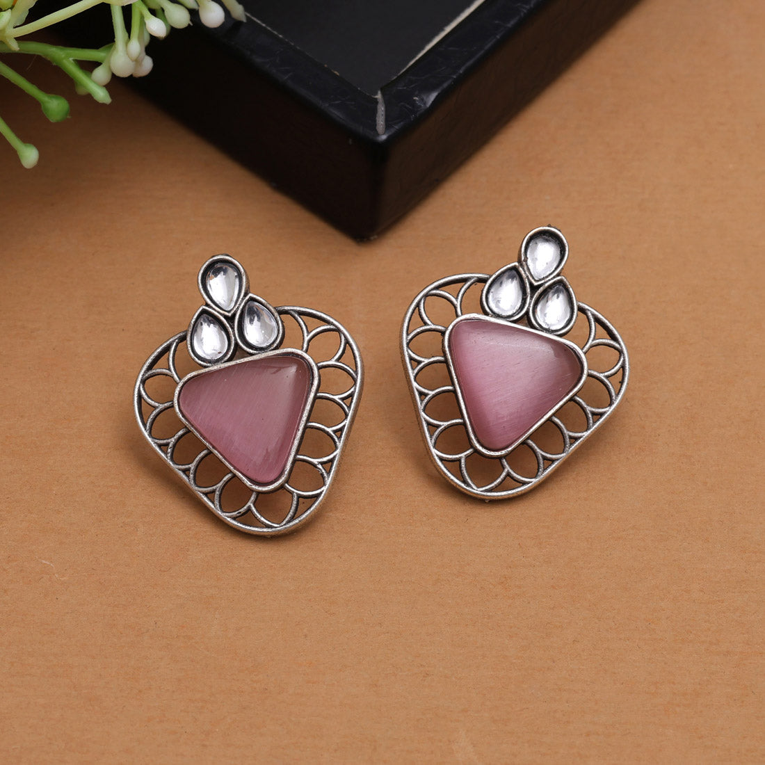 Pink Color Monalisa Stone Oxidised Earrings (GSE2829PNK)