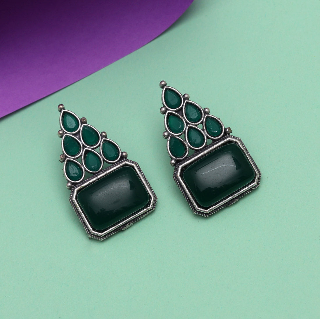 Green Color Monalisa Stone Oxidised Earrings (GSE2831GRN)