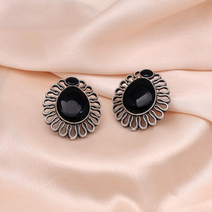 Black Color Monalisa Stone Oxidised Earrings (GSE2833BLK)