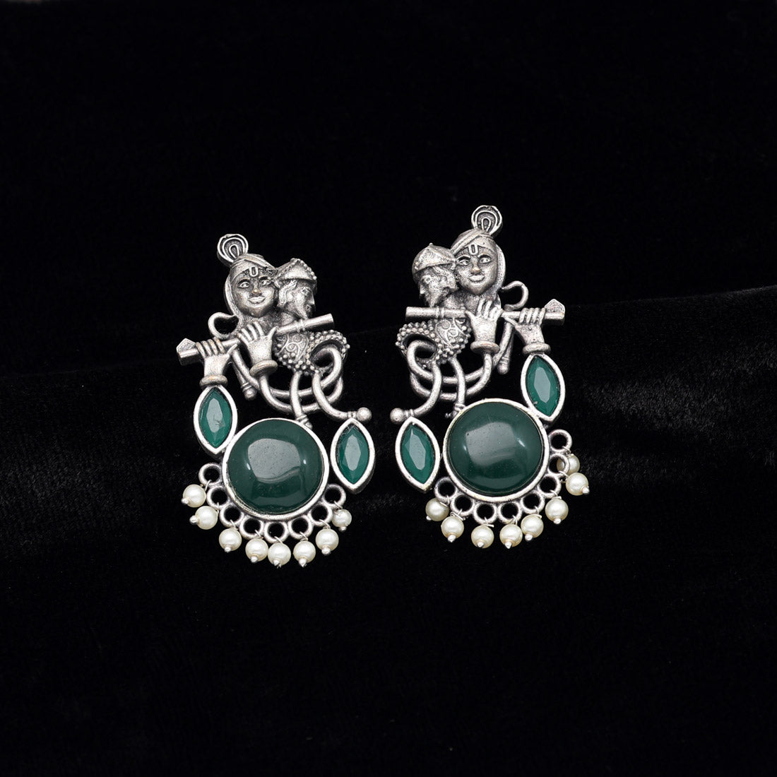 Green Color Lord Radha Krishna Monalisa Stone Oxidised Earrings (GSE2837GRN)