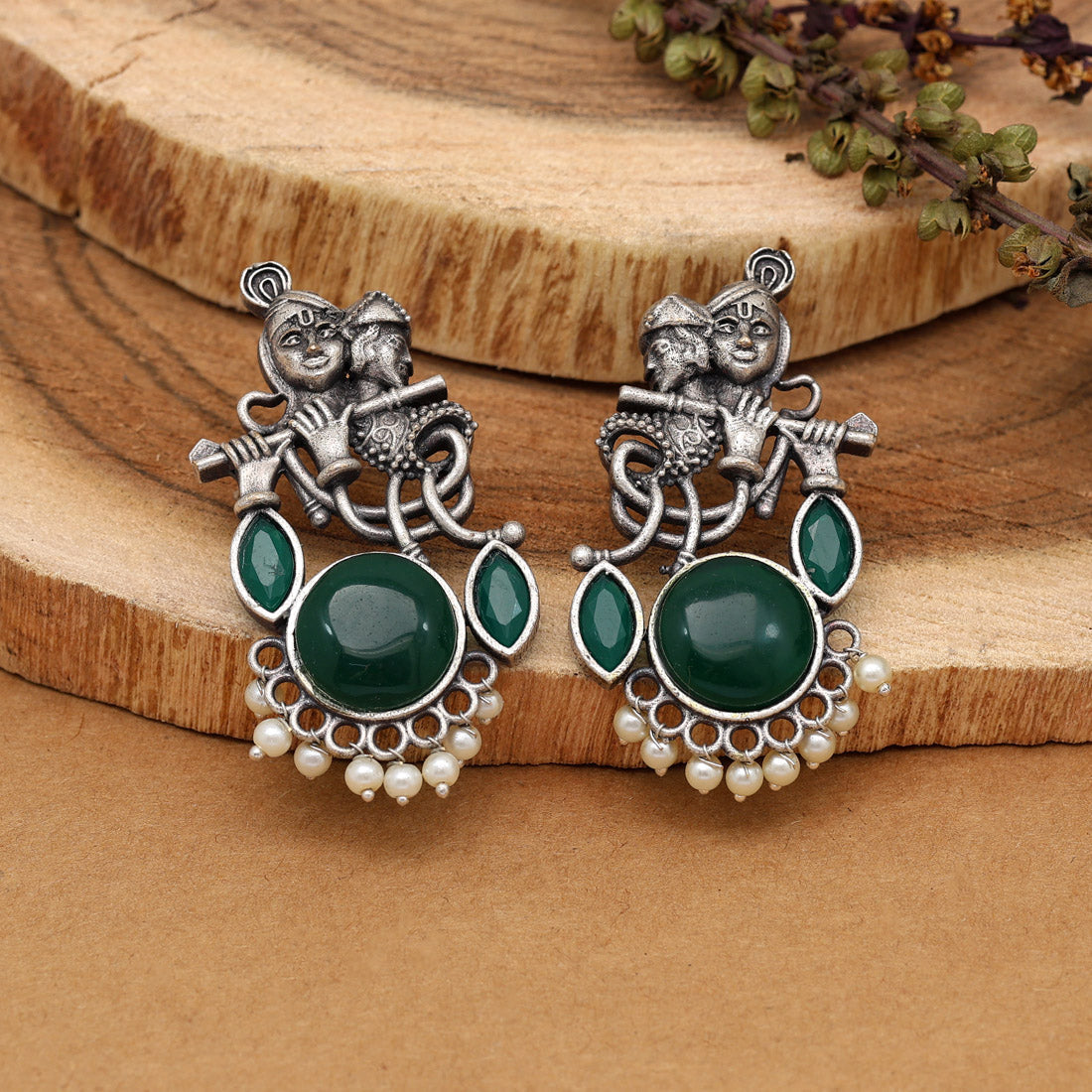 Green Color Lord Radha Krishna Monalisa Stone Oxidised Earrings (GSE2837GRN)