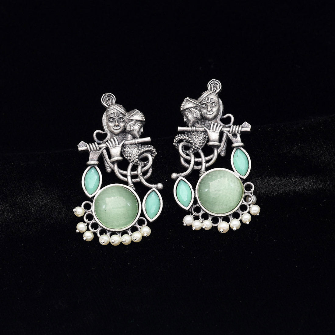 Light Green Color Lord Radha Krishna Monalisa Stone Oxidised Earrings (GSE2837LGRN)