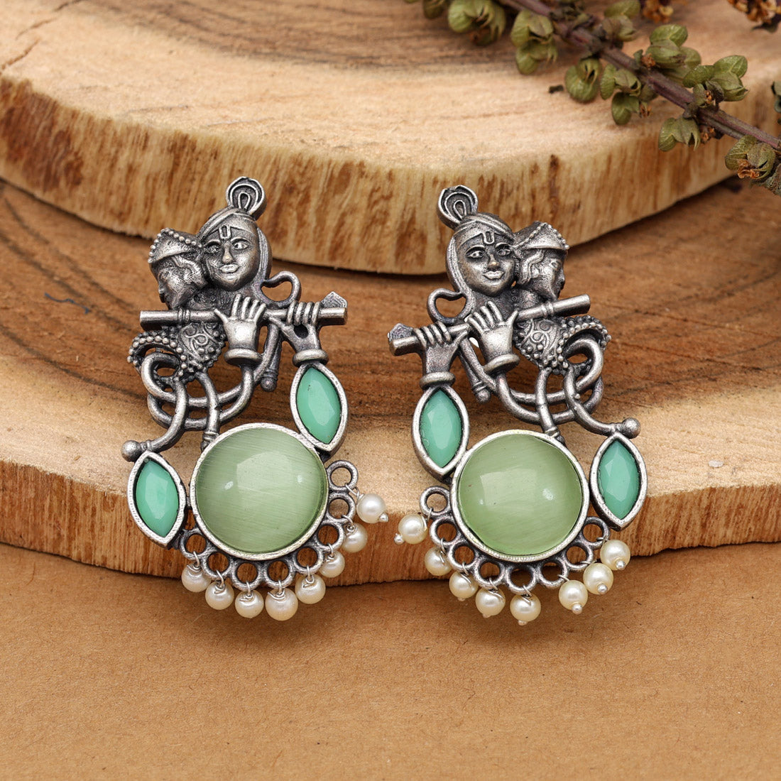 Light Green Color Lord Radha Krishna Monalisa Stone Oxidised Earrings (GSE2837LGRN)