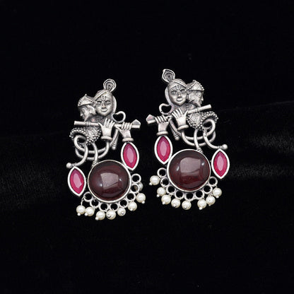 Maroon Color Lord Radha Krishna Monalisa Stone Oxidised Earrings (GSE2837MRN)