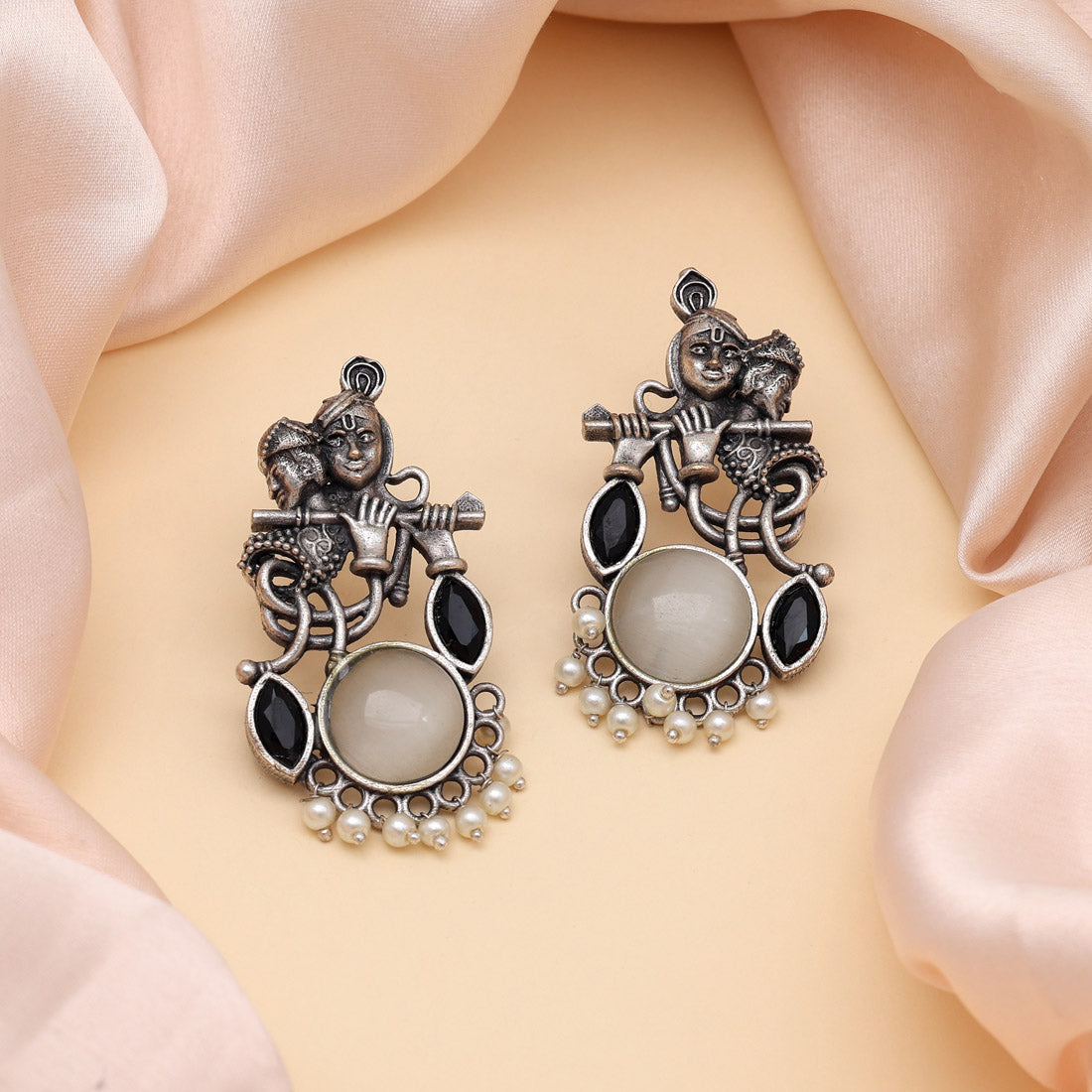 White Color Lord Radha Krishna Monalisa Stone Oxidised Earrings (GSE2837WHT)