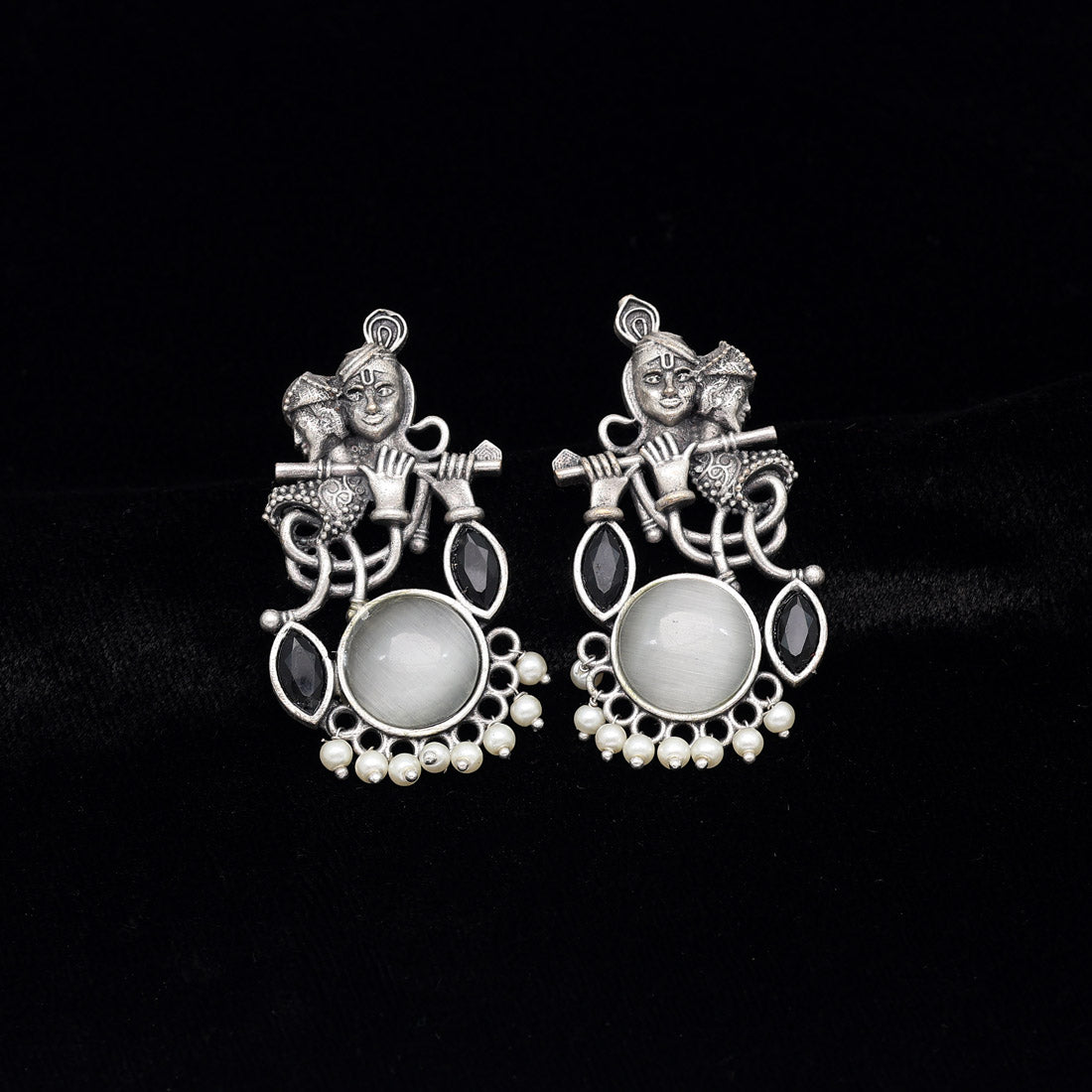 White Color Lord Radha Krishna Monalisa Stone Oxidised Earrings (GSE2837WHT)