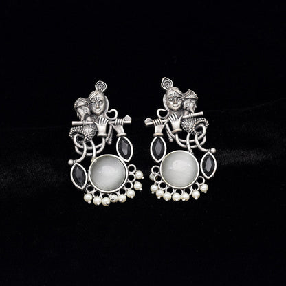 White Color Lord Radha Krishna Monalisa Stone Oxidised Earrings (GSE2837WHT)