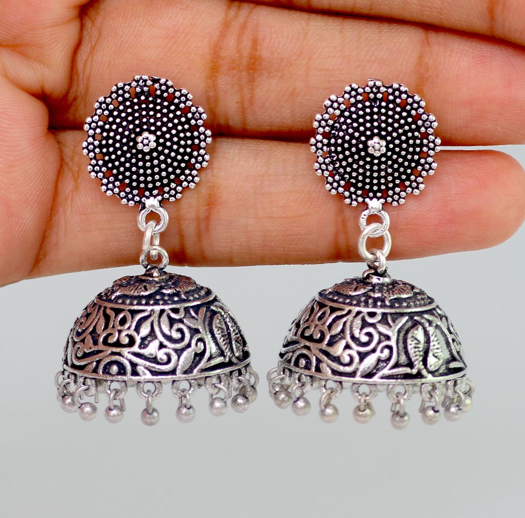 Wedding Collection Traditional Oxidised Silver Plated Handmade Jhumka Jhumki Earrings (GSE352SLV)