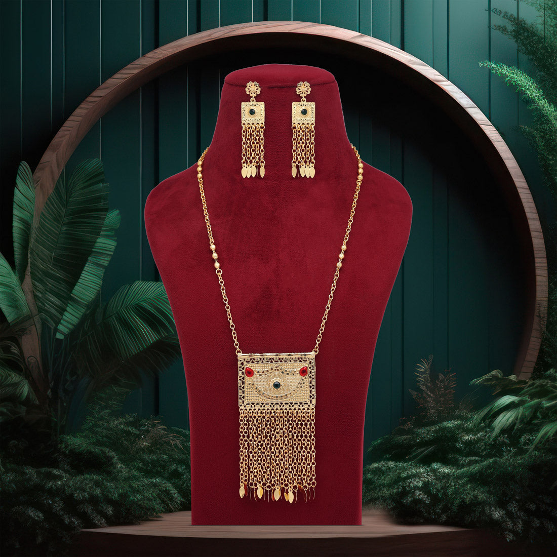 Red & Green Color Gold Plated Necklace Set (KBSN1161REDGRN)