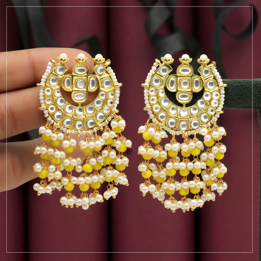 Yellow Color Mirror Kundan Earrings With Maang Tikka (MTKE459YLW)