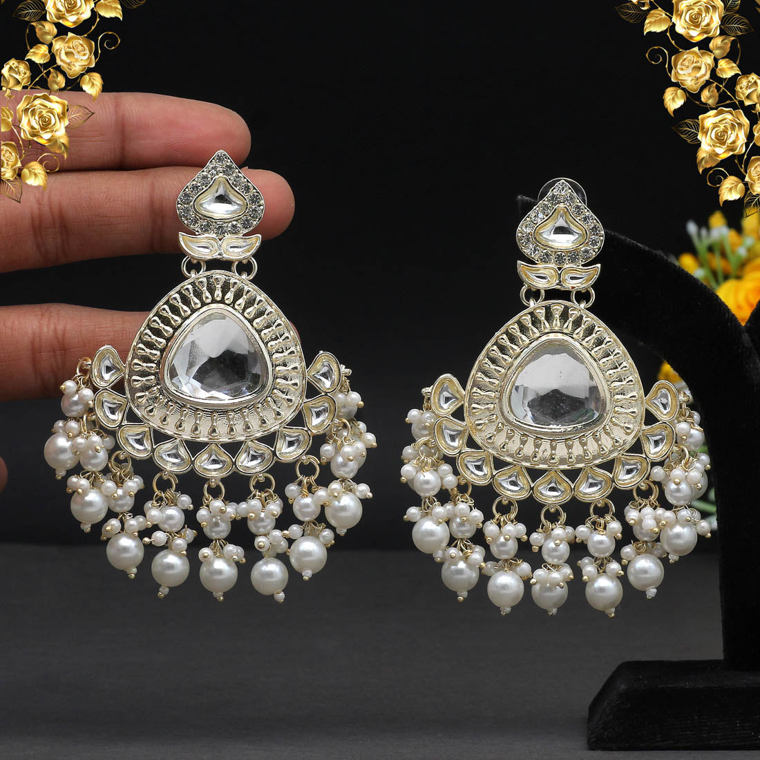 White Color Kundan Earrings (KDE561WHT)