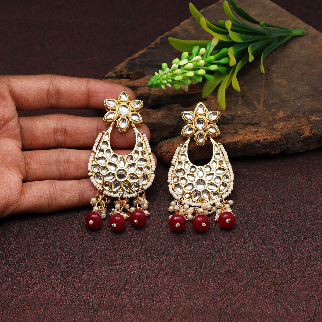 Maroon Color Kundan Earrings (KDE779MRN)