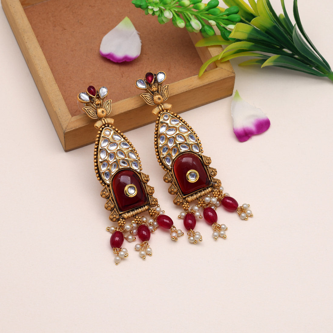 Maroon Color Kundan Earrings (KDE784MRN)