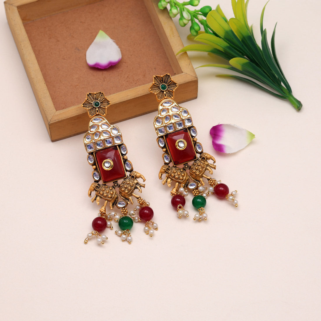 Maroon & Green Color Kundan Earrings (KDE786MG)