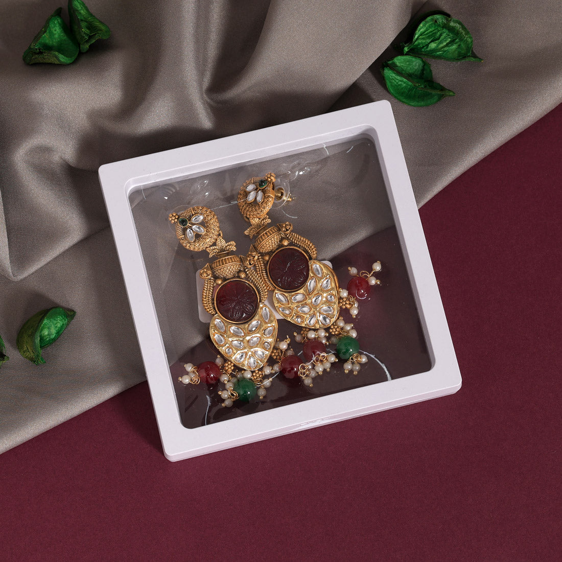 Maroon & Green Color Kundan Earrings (KDE788MG)