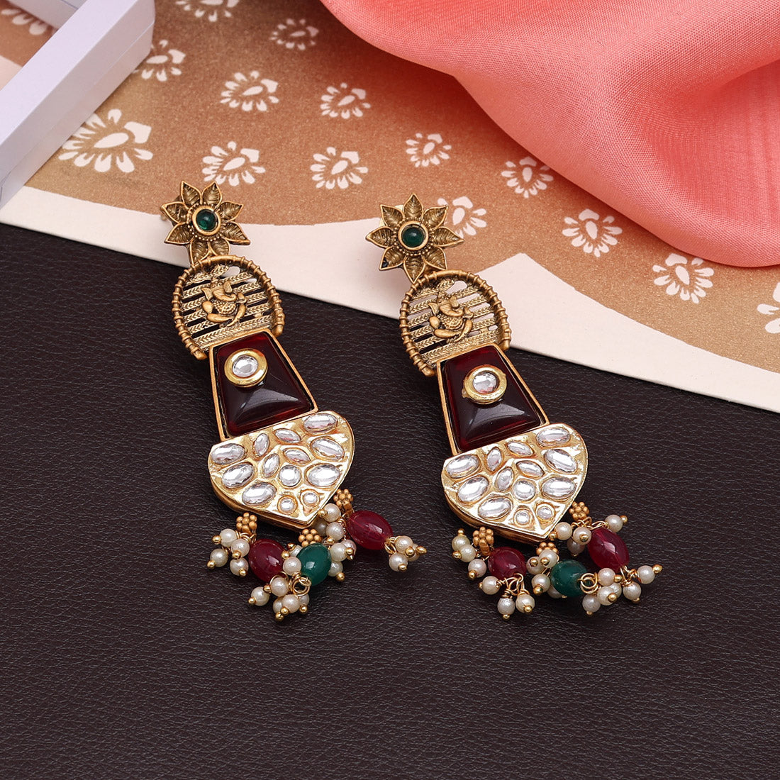 Maroon & Green Color Kundan Earrings (KDE826MG)