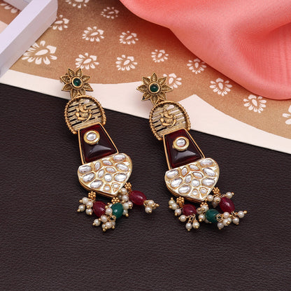 Maroon & Green Color Kundan Earrings (KDE826MG)