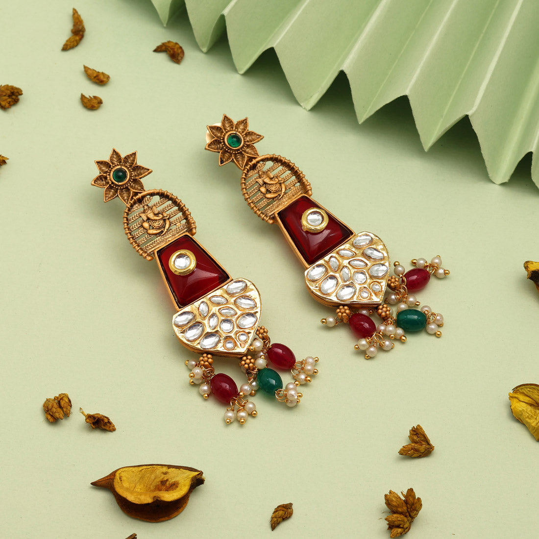 Maroon & Green Color Kundan Earrings (KDE826MG)